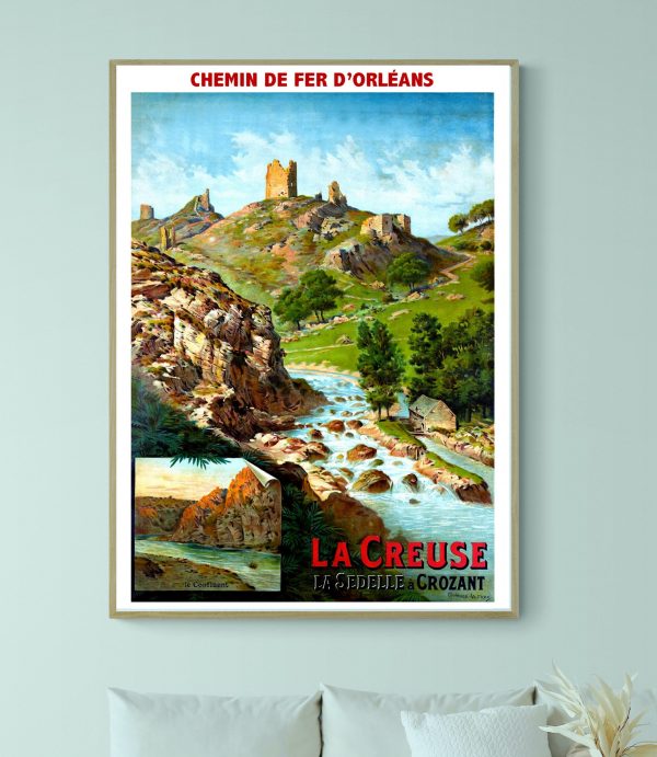 Panneau vintage illustrant la vallée de la Creuse à Crozant, avec ruines et rivière pittoresque.