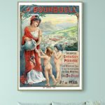 Affiche vintage de trophées sportifs en Auvergne, 1966, avec une femme et deux enfants nus, paysage.