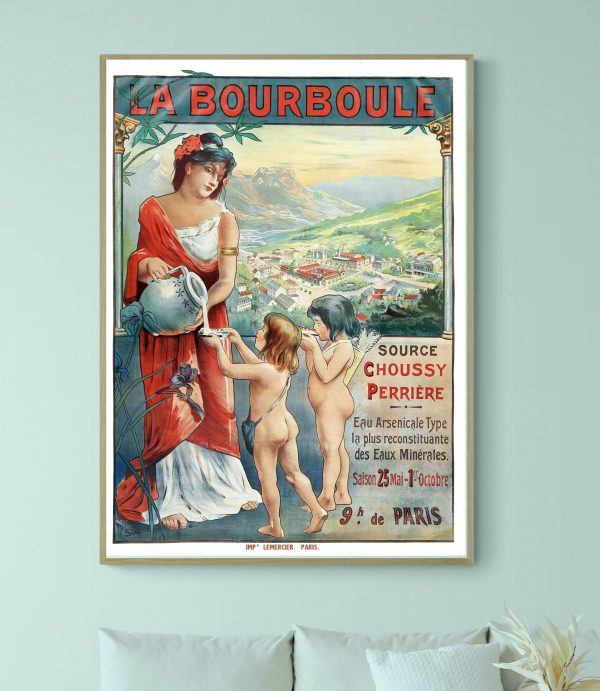 Affiche vintage de trophées sportifs en Auvergne, 1966, avec une femme et deux enfants nus, paysage.