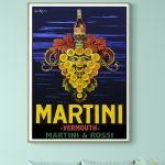 Affiche vintage Martini Vermouth avec grappes de raisin et bouteille emblématique.