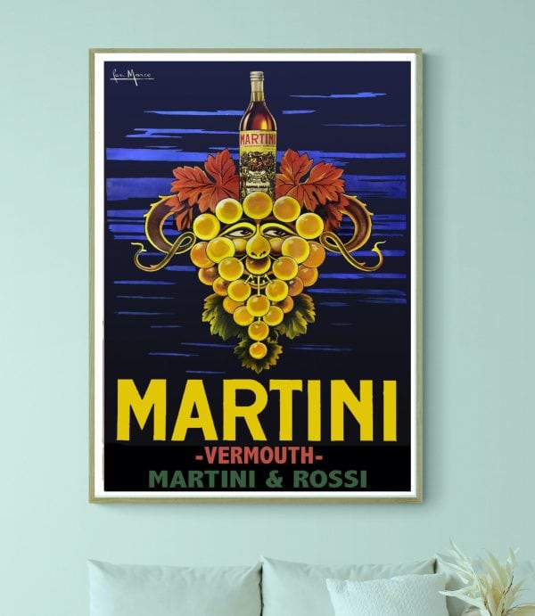 Affiche vintage Martini Vermouth avec grappes de raisin et bouteille emblématique.