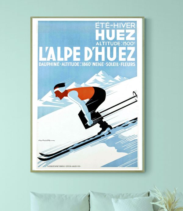 Affiche vintage de ski à Huez, Alpes françaises.