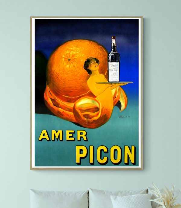 Affiche vintage d'une femme avec une orange et une bouteille de vin.