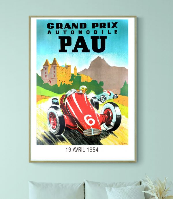 Affiche vintage de course automobile pour le Grand Prix de Pau.
