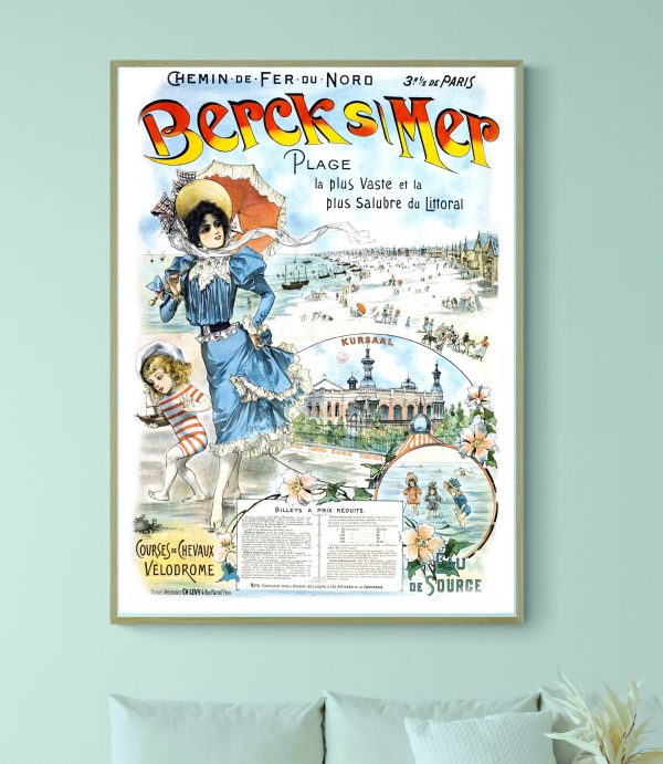 Affiche vintage Berck-sur-Mer, illustrant la plage, la promenade et le patrimoine côtier.