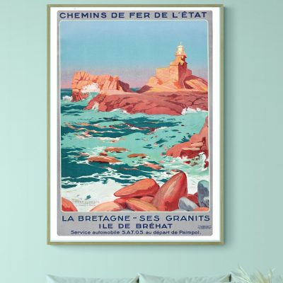 Affiche vintage de la côte des Légendes en Bretagne, avec phare et rochers.