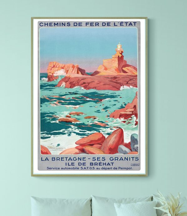 Affiche vintage de la côte des Légendes en Bretagne, avec phare et rochers.