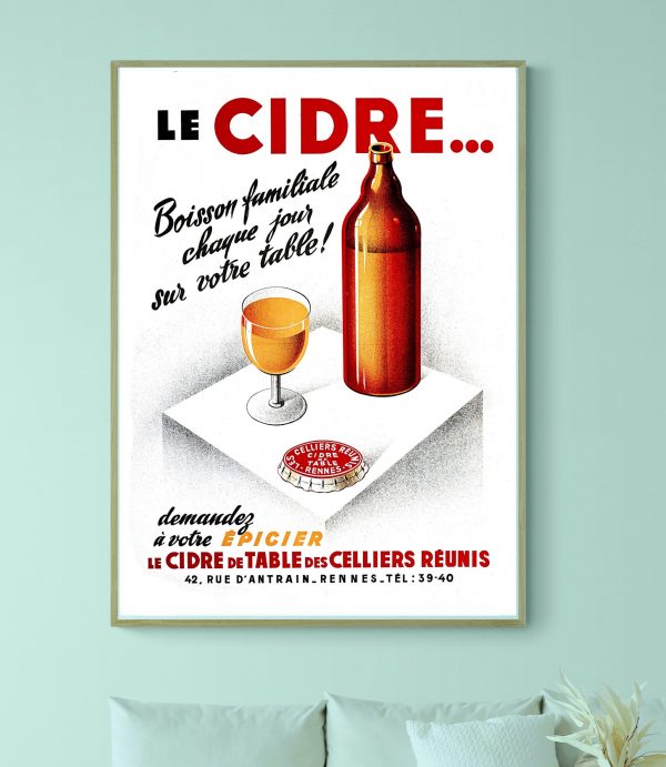 Affiche vintage de cidre avec bouteille et verre, promotion pour une boisson familiale quotidienne.
