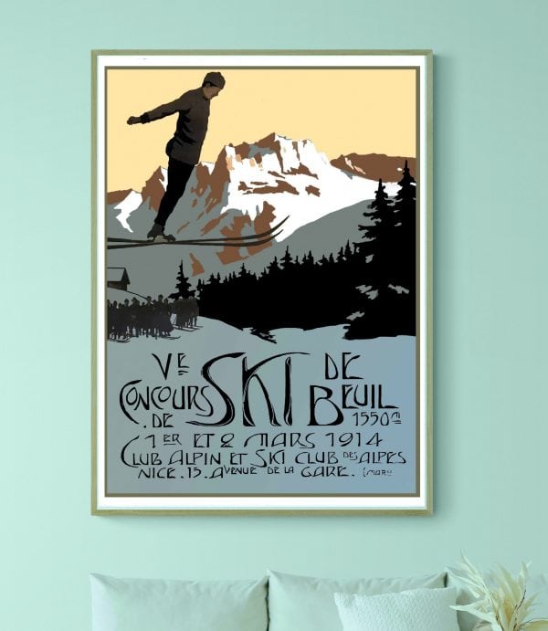 Affiche vintage de ski avec montagne et skieur, style rétro, décoration montagne, sport d'hiver.