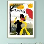 Affiche vintage de la Bretagne avec femme portant un parapluie rouge et foulard jaune.