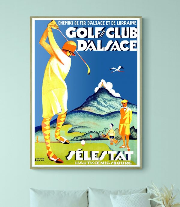 Affiche vintage du Golf Club Dalsace avec paysage montagneux.