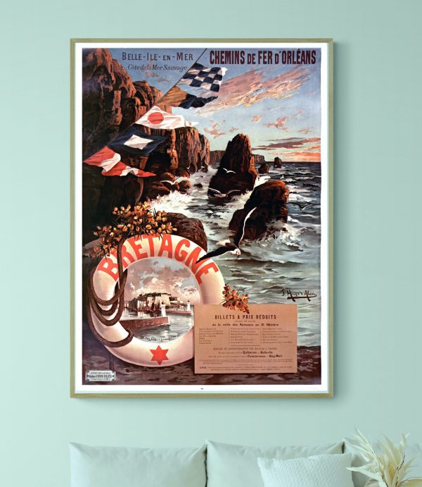 Affiche vintage Bretagne avec paysages côtiers et drapeaux français.