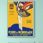 Affiche vintage de la Foire de Bordeaux avec drapeaux et personnage historique.