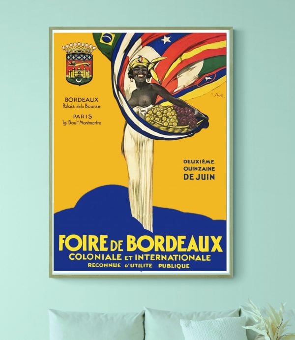 Affiche vintage de la Foire de Bordeaux avec drapeaux et personnage historique.