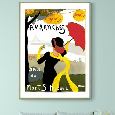 Affiche vintage de la Bretagne avec femme portant un parapluie rouge et foulard jaune.