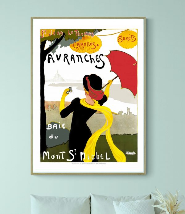 Affiche vintage de la Bretagne avec femme portant un parapluie rouge et foulard jaune.