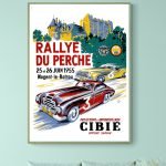Affiche vintage du Rallye du Perche 1955 avec voitures classiques et château historique.