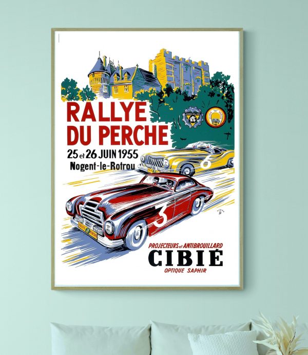 Affiche vintage du Rallye du Perche 1955 avec voitures classiques et château historique.