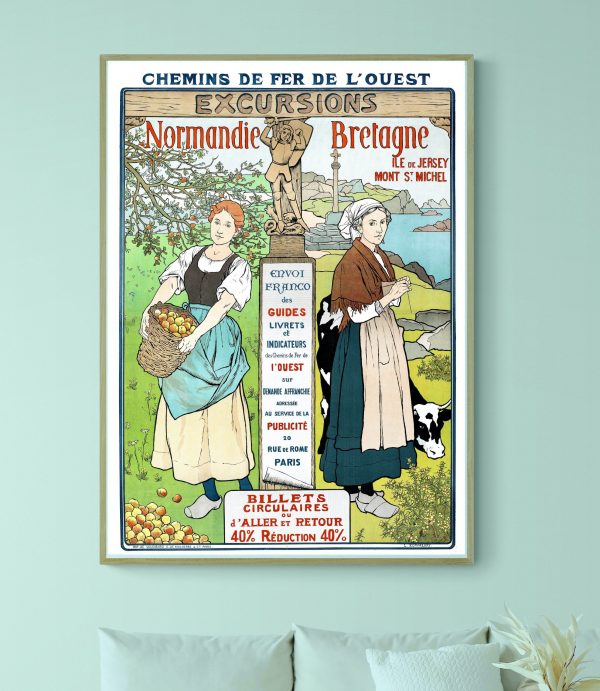 Affiche vintage de voyage en Normandie et Bretagne avec guide et réduction.