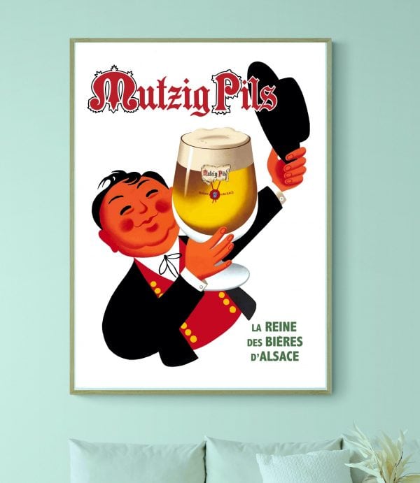 Affiche vintage Martini Vermouth, illustration rétro d’un homme en costume noir et rouge tenant un v.