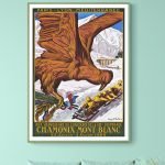 Affiche vintage de course olympique à Chamonix, mettant en scène un aigle géant sur fond de montagne.