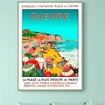 Affiche vintage Dieppe, plage célèbre en Normandie, avec parasols colorés et activités balnéaires.