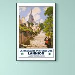 Affiche vintage de la côte des Légendes à Brest, avec escalier pittoresque et architecture bretonne.
