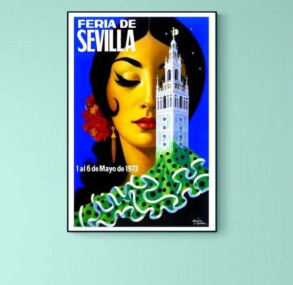 Affiche vintage Feria de Séville 1973, illustration colorée et artistique.