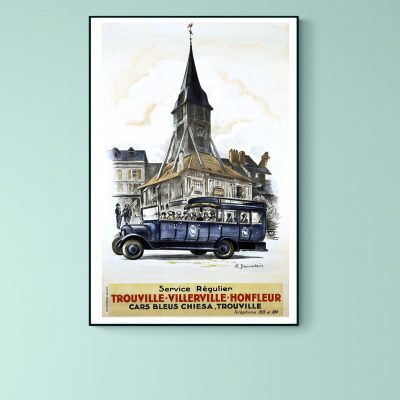 Affiche vintage d'un bus ancien devant une église, style rétro et artistique.