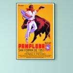 Affiche vintage de la Feria de San Fermín 1991 à Pamplona, illustrant la course de taureaux.