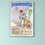 Affiche vintage représentant des stations d'eau en Belgique, avec des enfants jouant près de la mer.