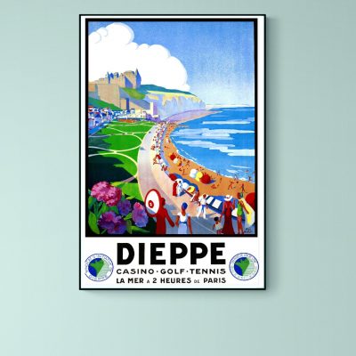 Affiche vintage de la côte des Légendes à Brest, avec plage, promenade et monuments historiques.