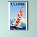 Affiche vintage Cabourg avec fleurs et voiliers, ambiance maritime et festive.