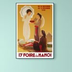 Affiche vintage de la Foire de Hanoi 1936 avec femmes en tenues traditionnelles.
