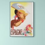 Affiche vintage de la Feria de Pamplona, illustrant une femme avec un éventail et des fleurs, évoqua.