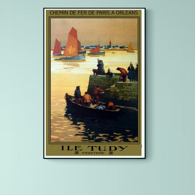 Affiche vintage de Brest avec vue sur la côte et bateaux à voile.