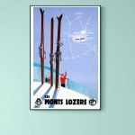 Affiche vintage représentant des skis et un plan de Monts Lozère, idéale pour décoration montagne ou.