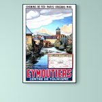 Affiche vintage de l'Auvergne avec vue sur la rivière et architecture locale.