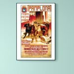 Affiche vintage de la Feria de San Fermin à Pamplona, 1991, avec taureaux et festivités traditionnel.
