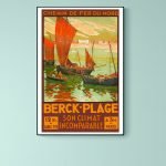 Affiche vintage du chemin de fer du Nord avec bateaux et paysage fluvial.