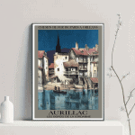 Affiche vintage de la ville d'Aurillac, représentant le port et les bâtiments historiques.