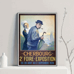 Affiche vintage pour la Foire de Cherbourg, exposition de 1928, avec un homme et une femme en costum.