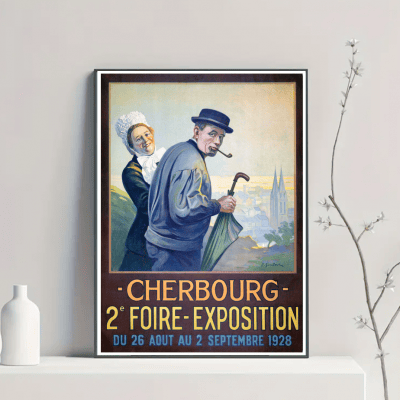 Affiche vintage pour la Foire de Cherbourg, exposition de 1928, avec un homme et une femme en costum.