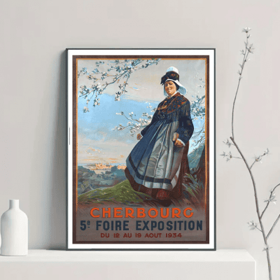Affiche vintage de Cherbourg pour la Foire Exposition de 1934, illustrant une femme en costume tradi.