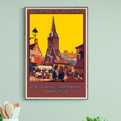 Affiche vintage de Brest, mettant en valeur la côte des Légendes avec un marché animé et une église.