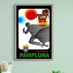 Affiche vintage de la Feria de Pamplona 1975, avec un taureau et un coureur.