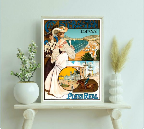 Affiche vintage de la fête de Pampelune, San Fermin 1991, avec taureau et corrida.