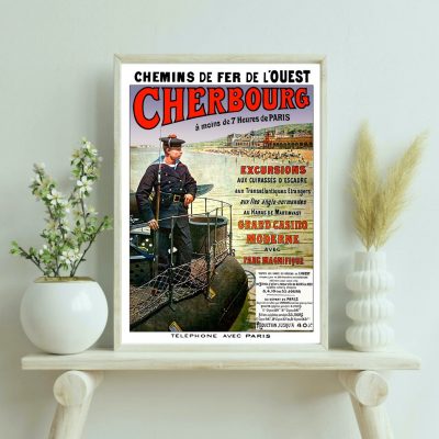 Affiche vintage du chemin de fer de Cherbourg avec un conducteur de train.