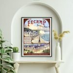 Affiche vintage Fécamp, Bains de Mer, musée et paysage côtier.