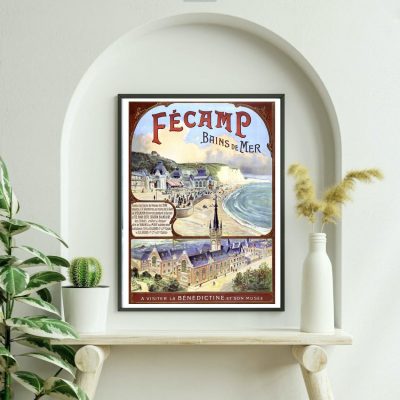 Affiche vintage Fécamp, Bains de Mer, musée et paysage côtier.